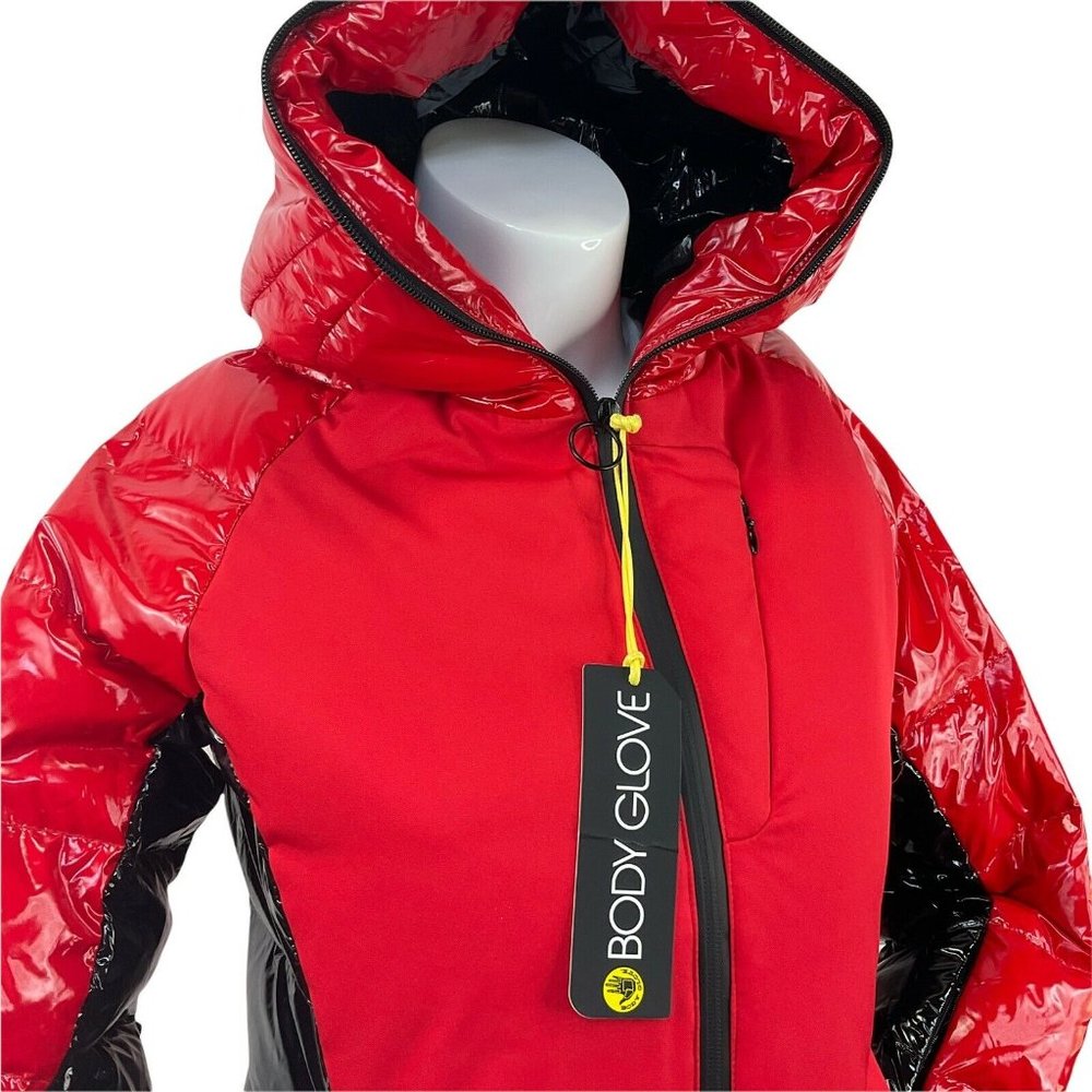 Body Glove Coat Womens Sz XS Down Puffer Parka Red Black Wet Look Msrp $350 Nwt - Picture 2 of 12